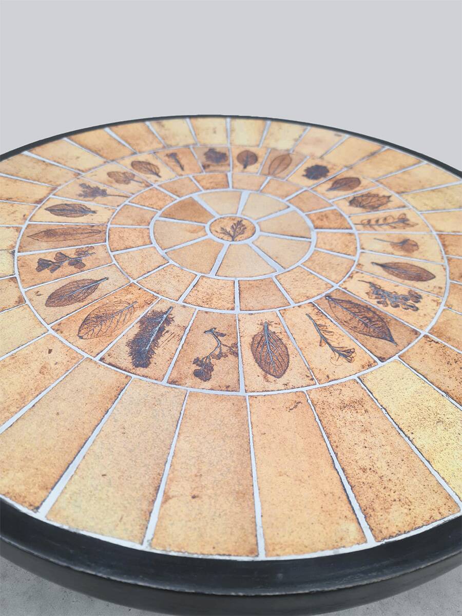 Vintage round ceramic herbarium coffee table Roger Capron