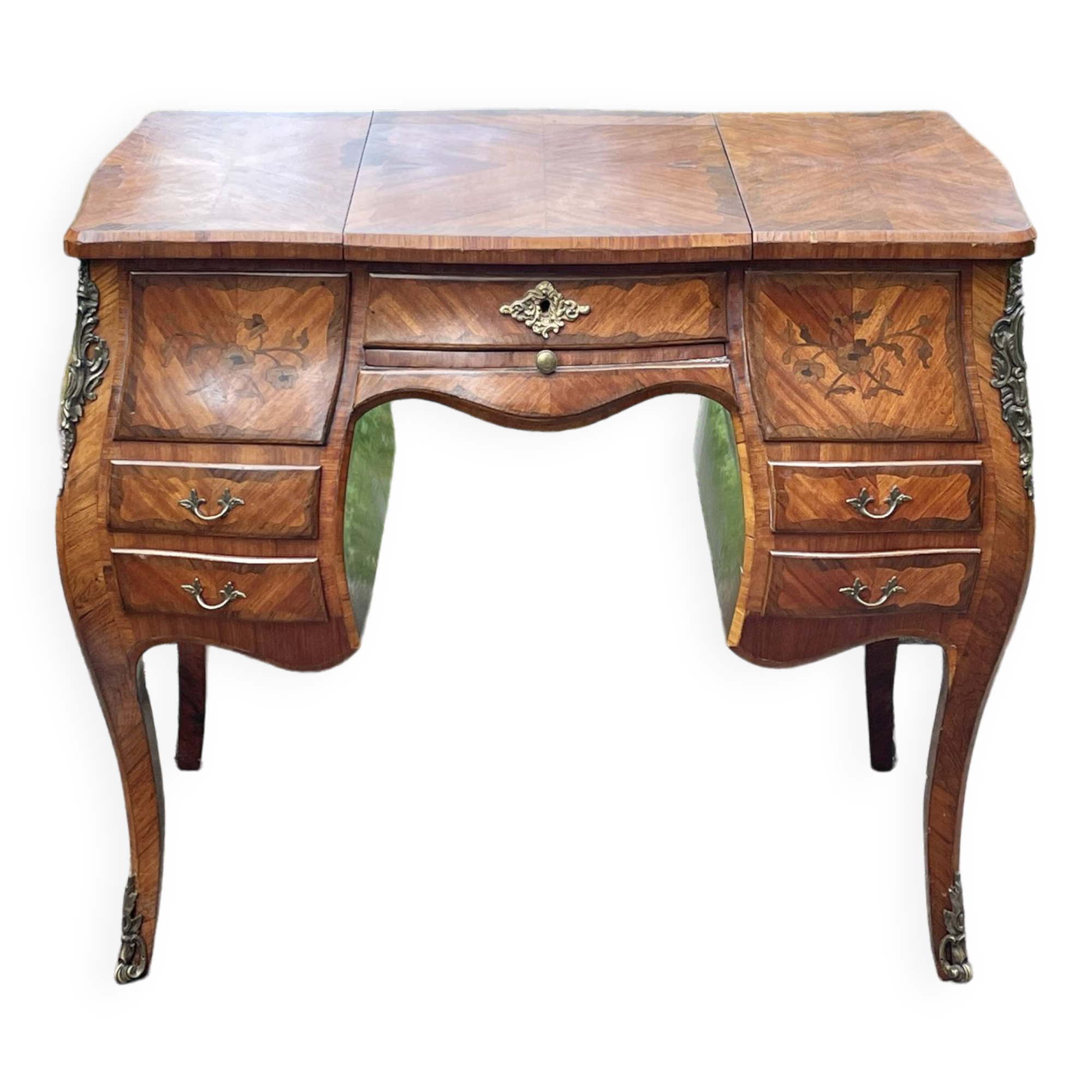 Beautiful marquetry dressing table with floral decoration, all curved (curved) faces in Louis XV style.