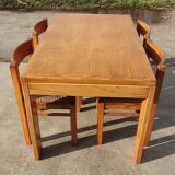 Set vintage pine dining table with 4 rush seat chairs Dutch design