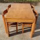 Set vintage pine dining table with 4 rush seat chairs Dutch design