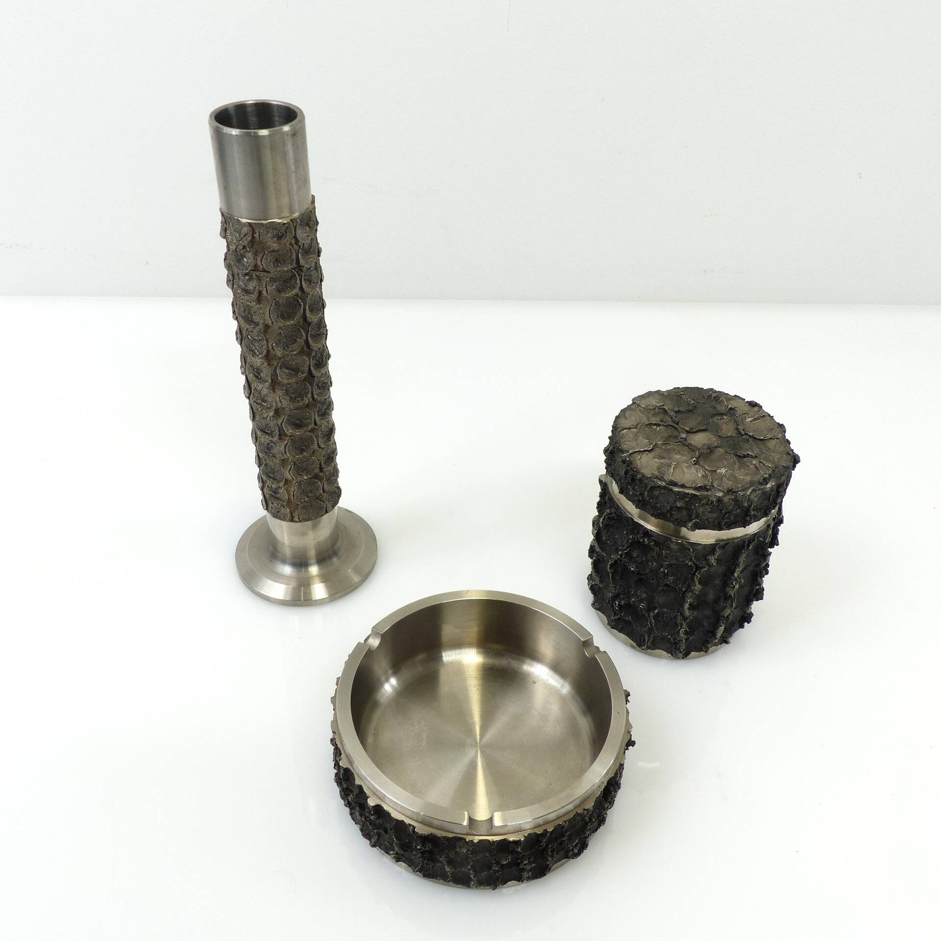 Brutalist metal BMF set – Ashtray, cigarette box and vase