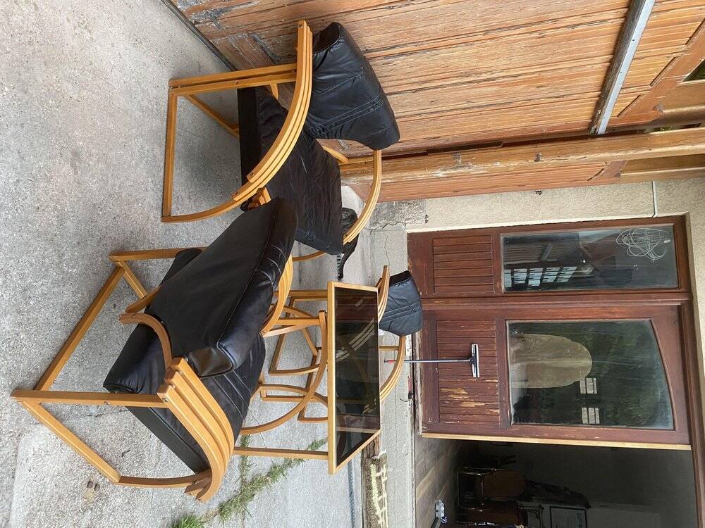 Ensemble mid-century 4 pièces cuir noir et bois clair : canapé 2 places, 2 fauteuils, table