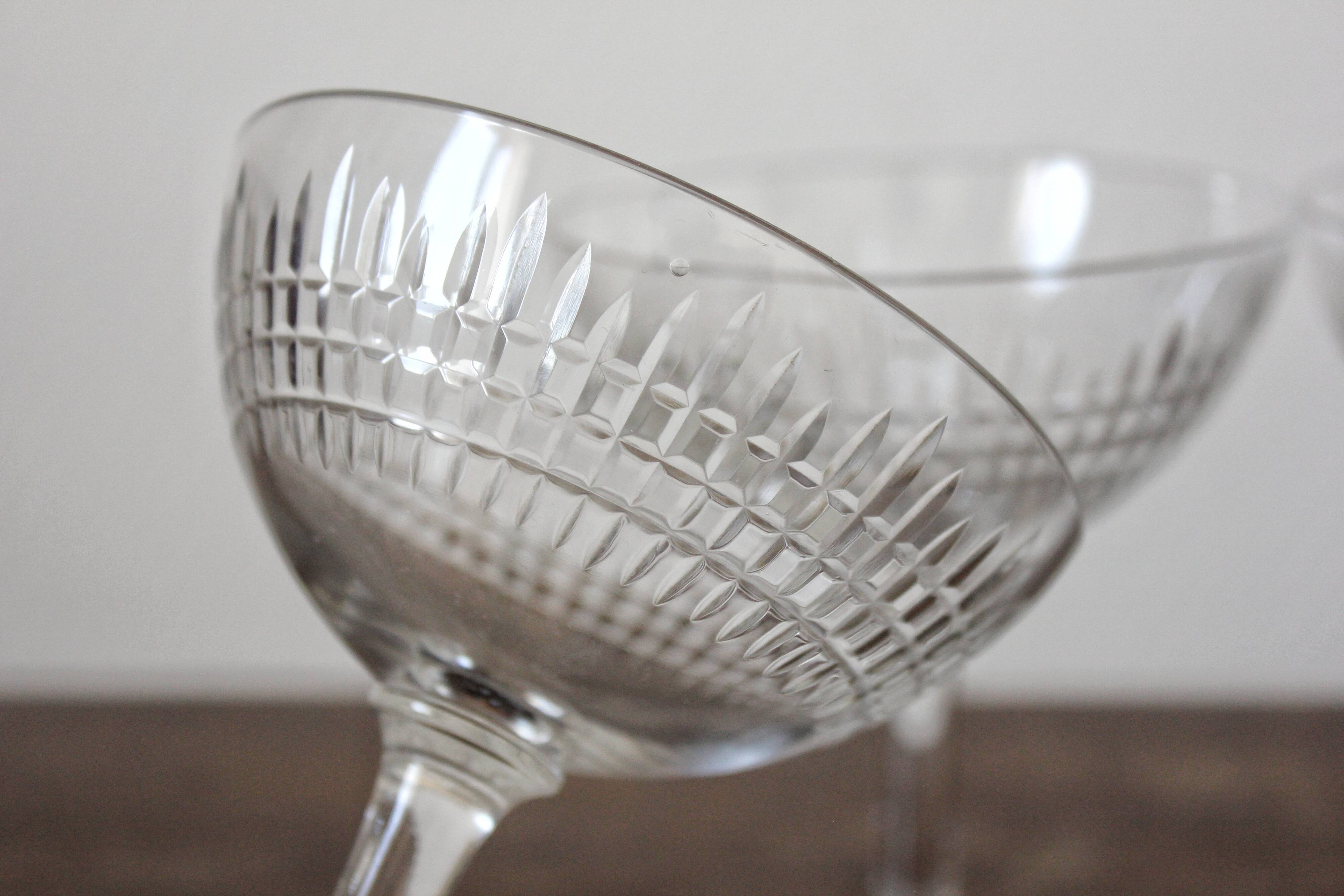 3 antique champagne glasses in ridged engraved crystal