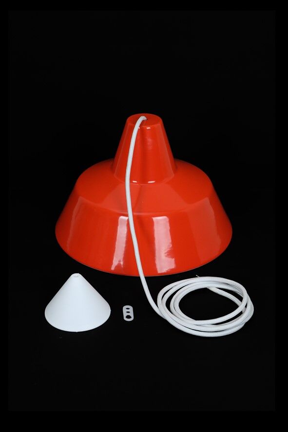 Louis Poulsen / Axel Wedel Madsen “Arbejdspendel” enamel pendant lamp / Danish industrial design / orange