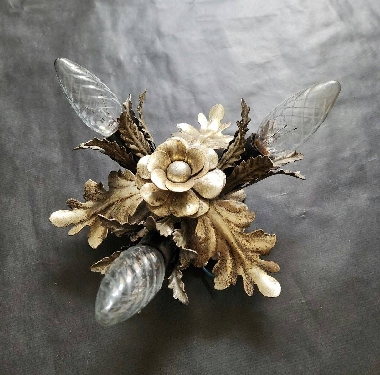 Vintage Florentine floral hand-forged silver-plated 3-light flush mount from Banci Firenze, Italy, Florence 1960s, set of 5