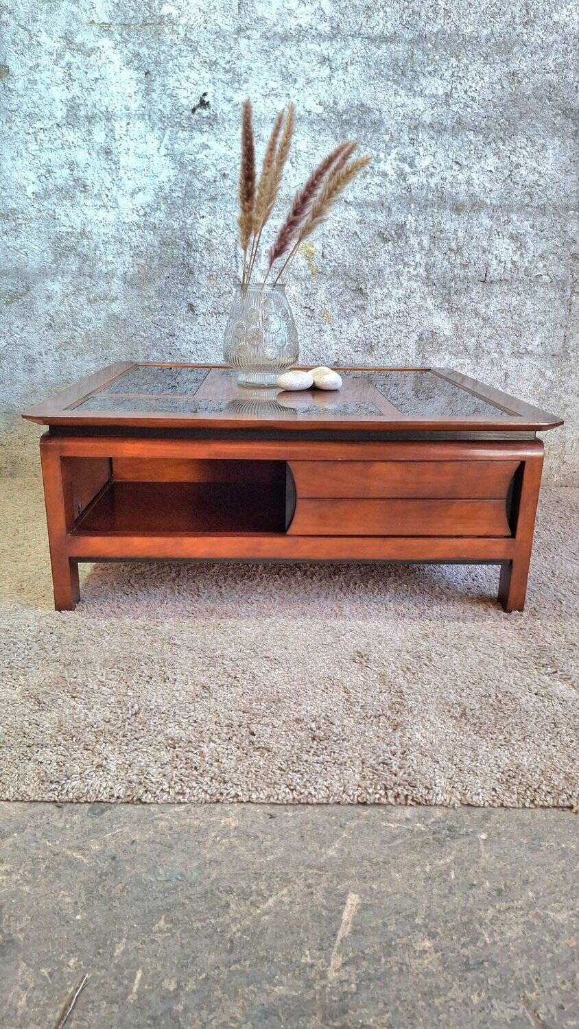 Table basse carrée bois massif plateau avec verre noir 100x100 cm
