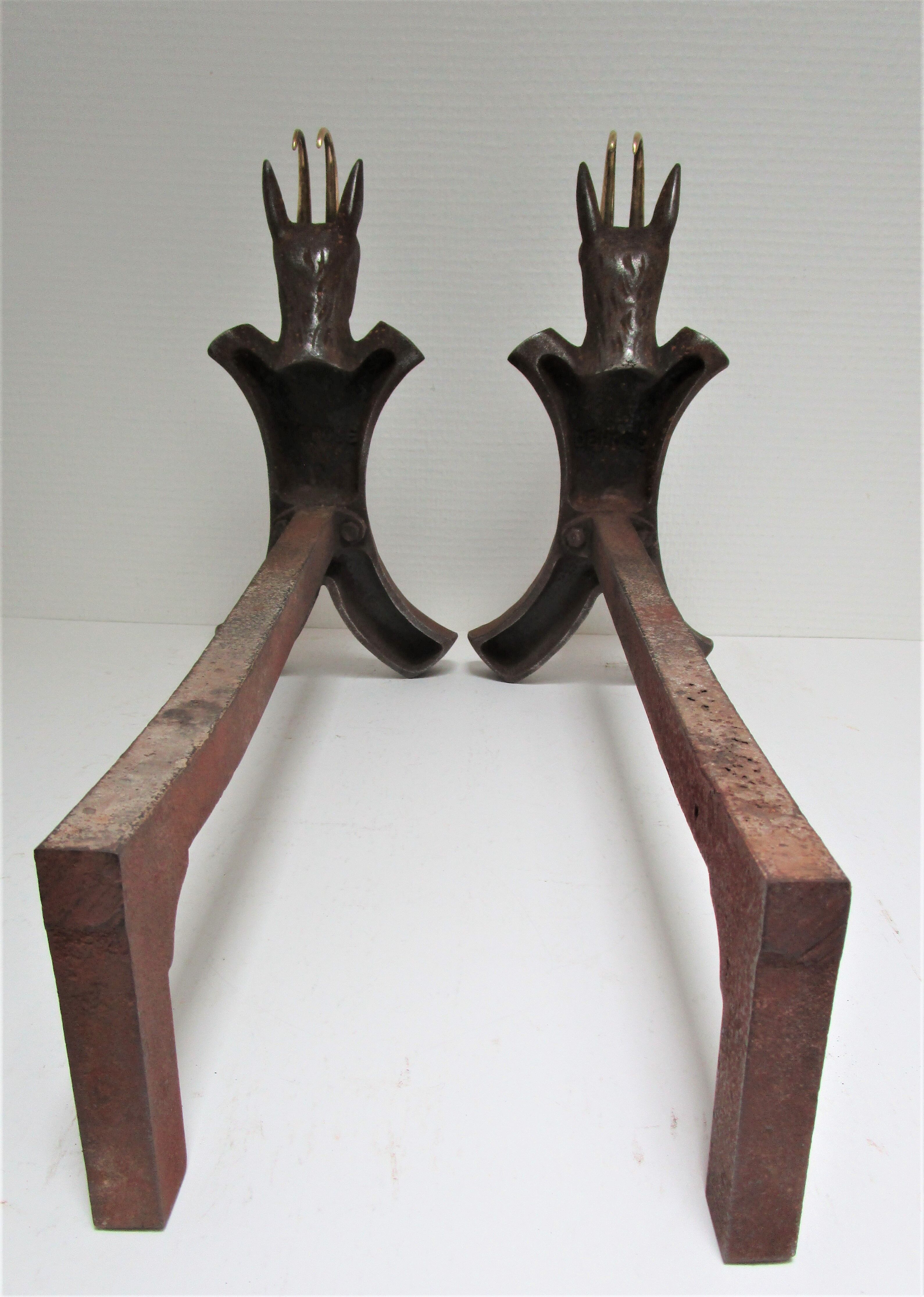 pair of zoomorphic chenets cast iron brass vintage buff