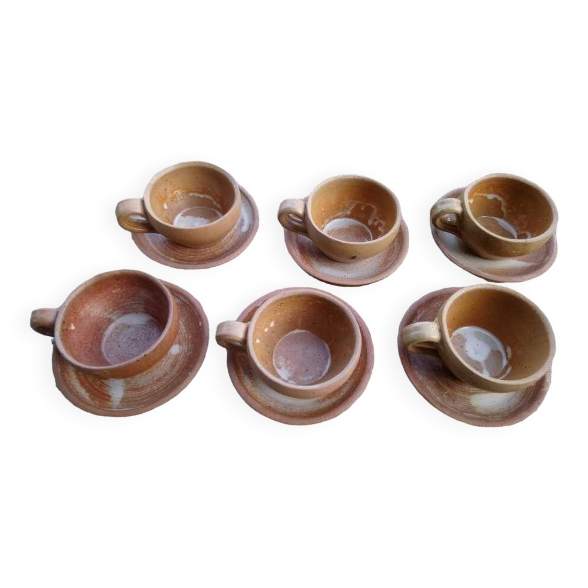 6 stoneware coffee cups and saucers