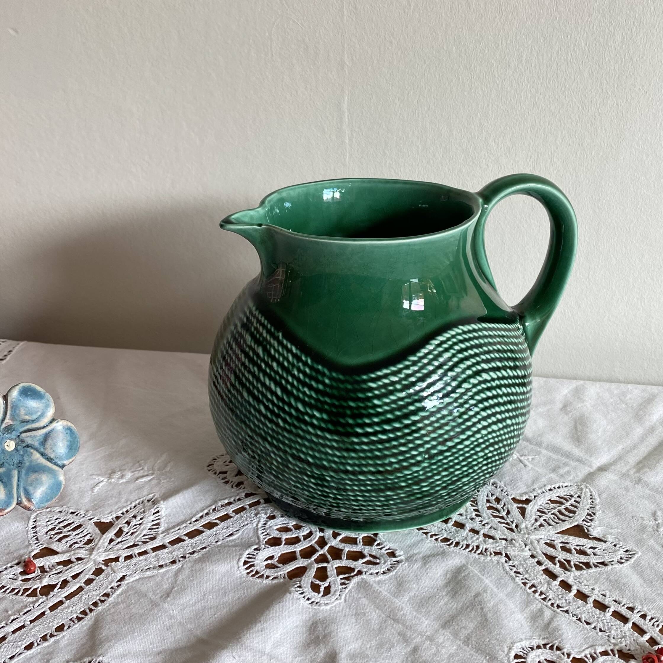 Green ceramic pitcher Sarreguemines vintage tableware