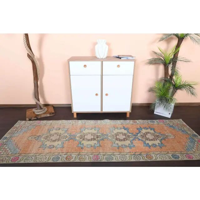 1970s Vintage Turkish Hand-Knotted Wool Cotton Orange Runner Rug 82x261