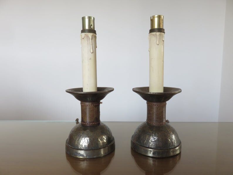 Pair of hammered raw steel and leather lamps 40 50s