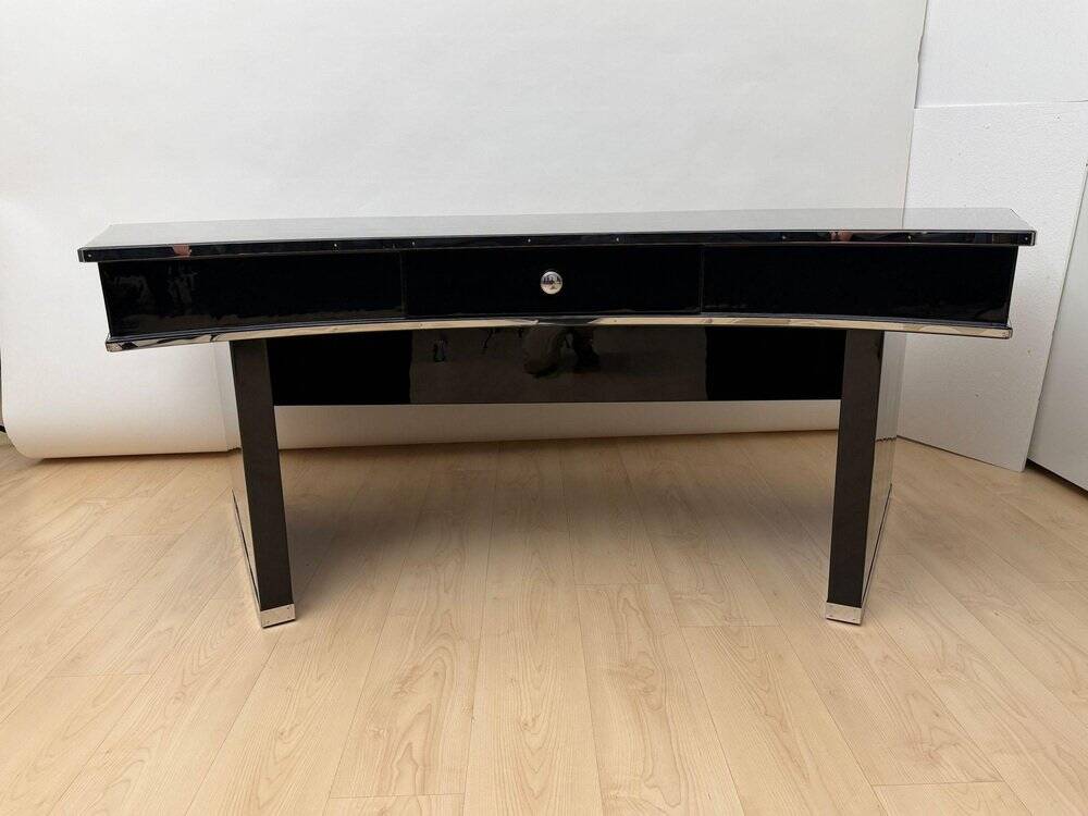 Art Deco desk in black lacquer, walnut & metal, France, 1950