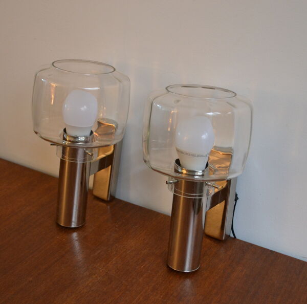 Paire d'appliques Maison Sciolari chrome verre années 60/70