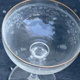 Two crystal champagne glasses and gilded borders antique engraved pattern
