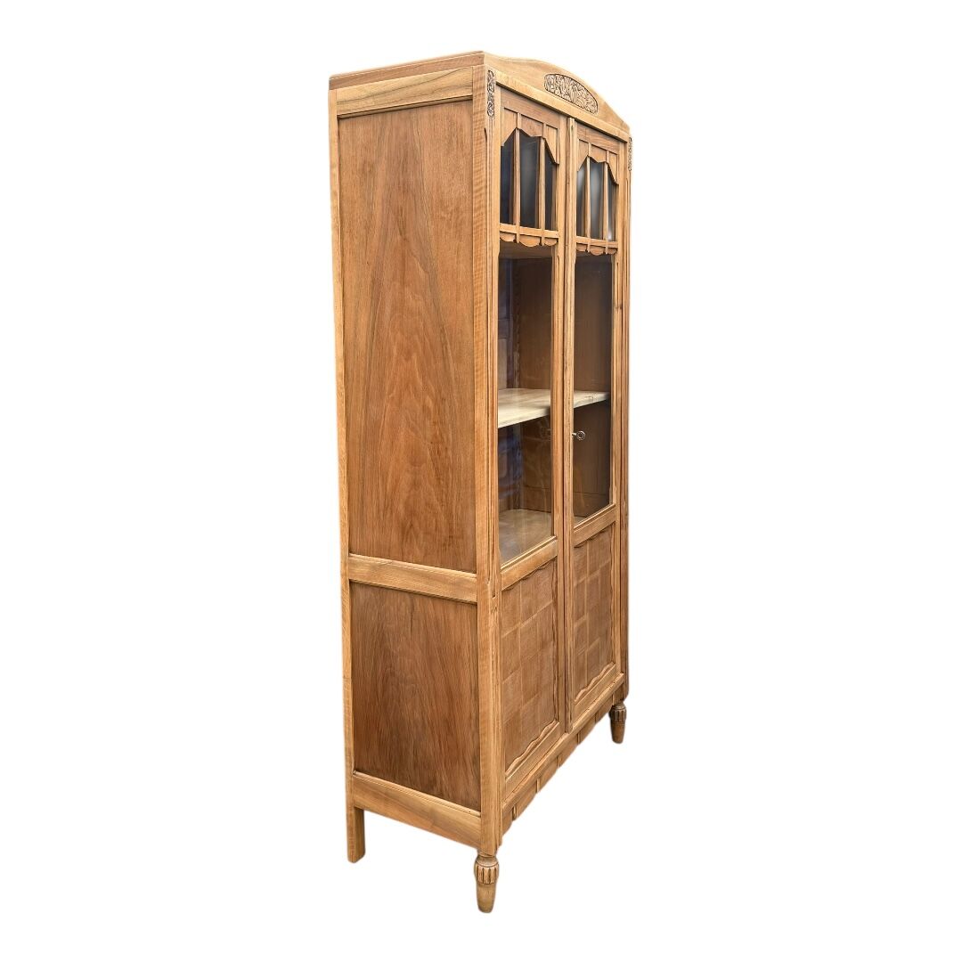 Parisian glass-fronted Art Deco wardrobe in solid raw walnut.