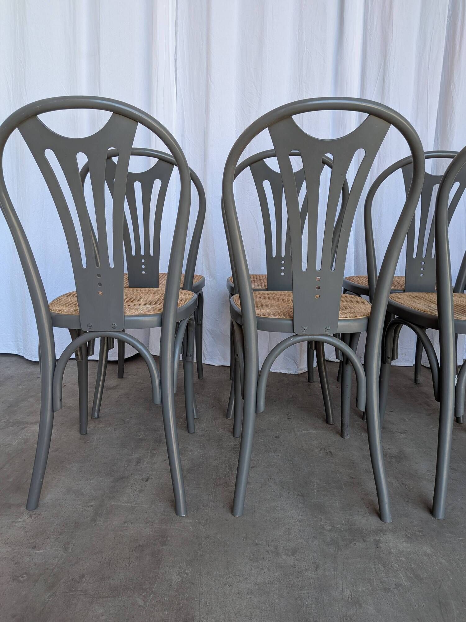 Set of 8 Vintage Gray Bentwood Dining Chair: Thonet Style Cane Seat