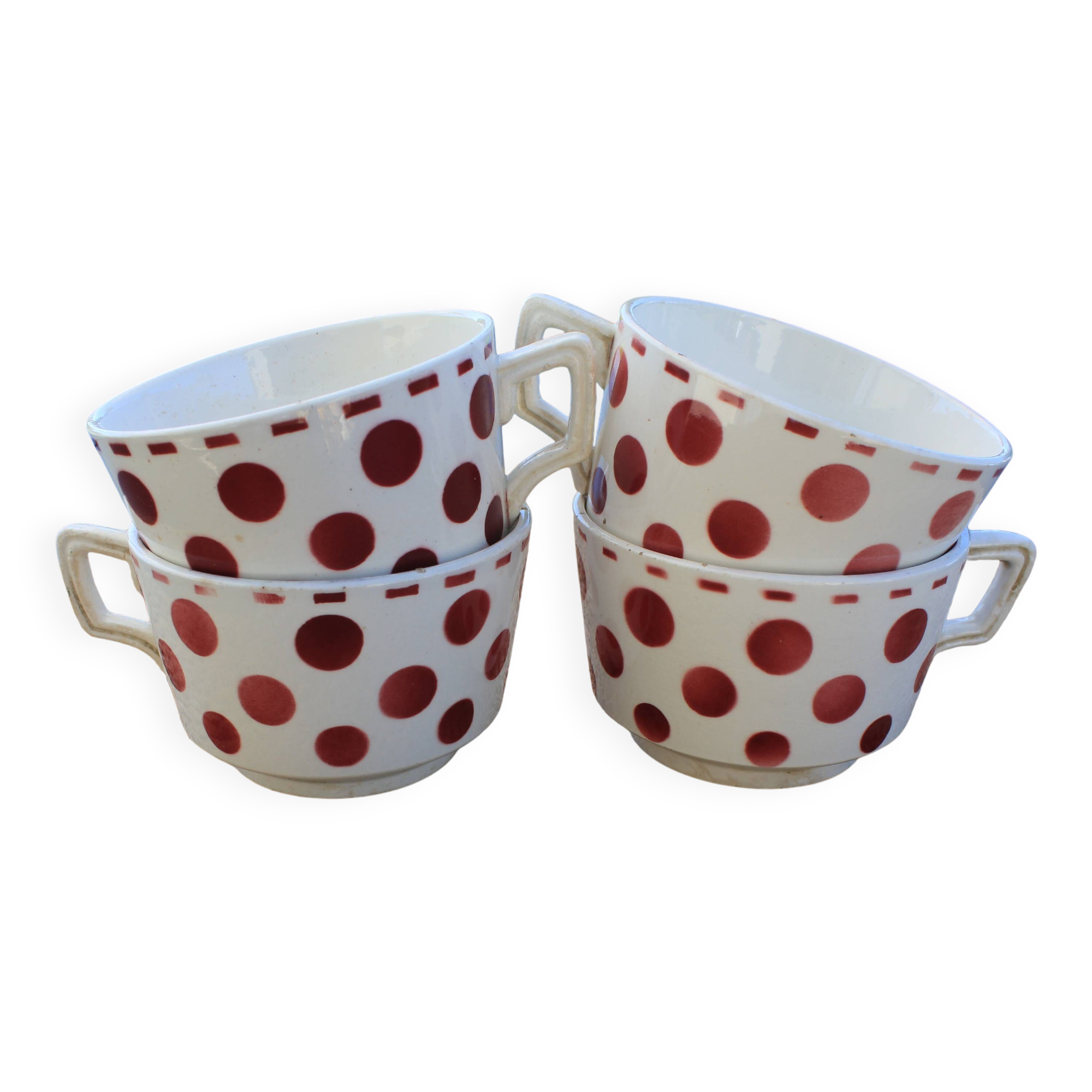Set of 4 burgundy polka dot coffee cups Digoin Sarreguemines