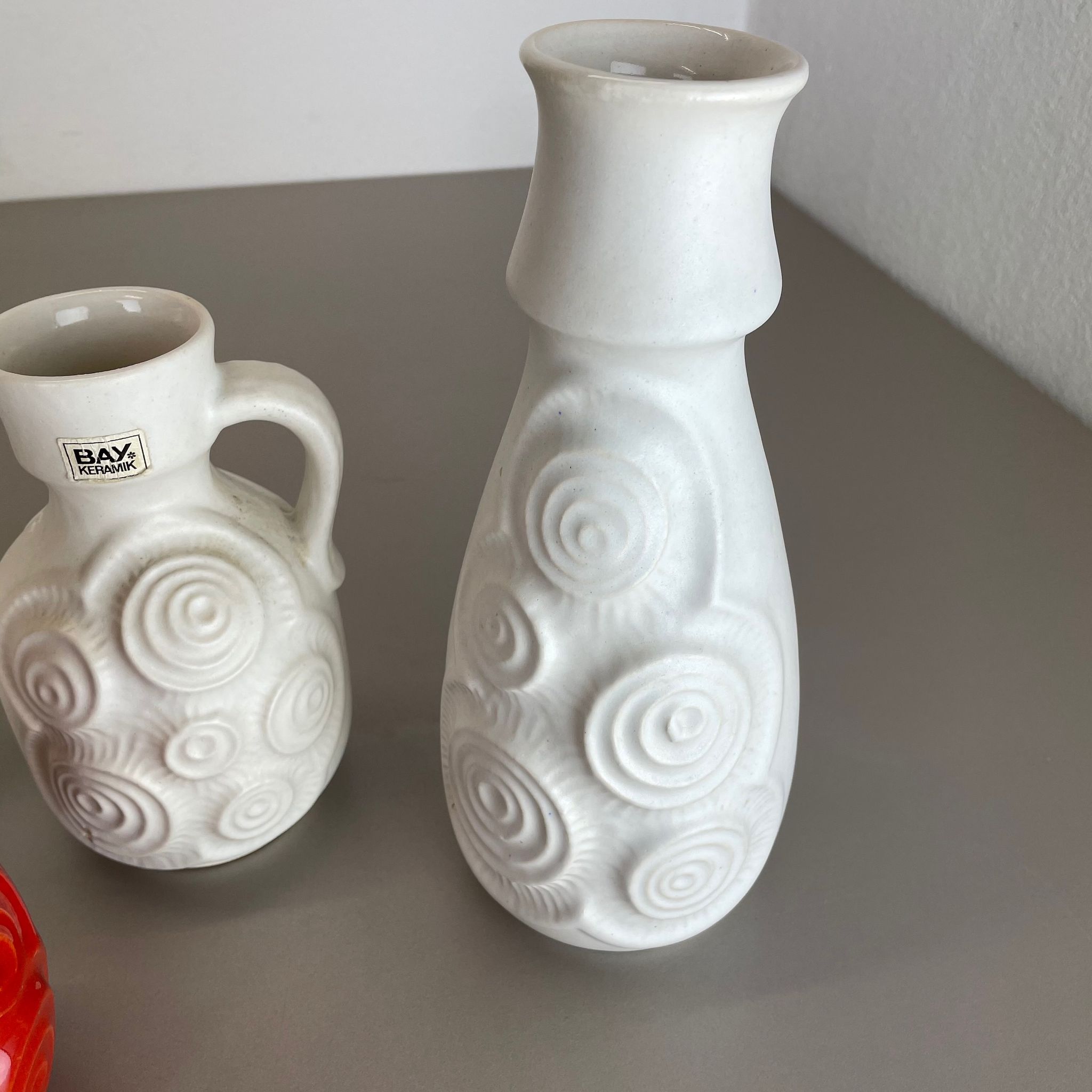 Set of 4 Red-White Fat Lava Op Art Pottery Vases by Bay Ceramics, Germany