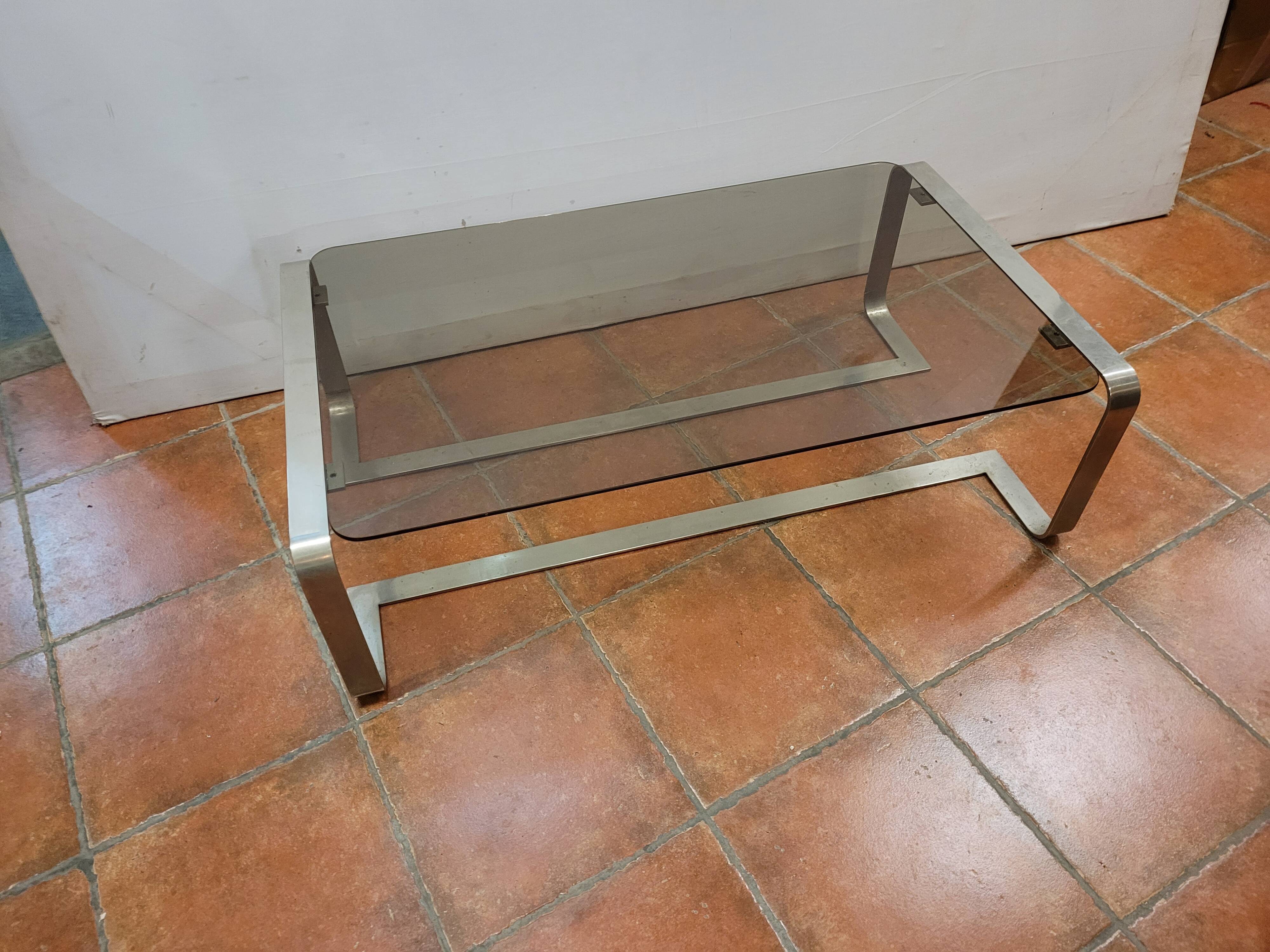 Coffee table with stainless steel base and smoked glass, from the 70s