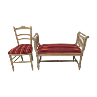 Banquette et chaise style Louis XI en bois peint