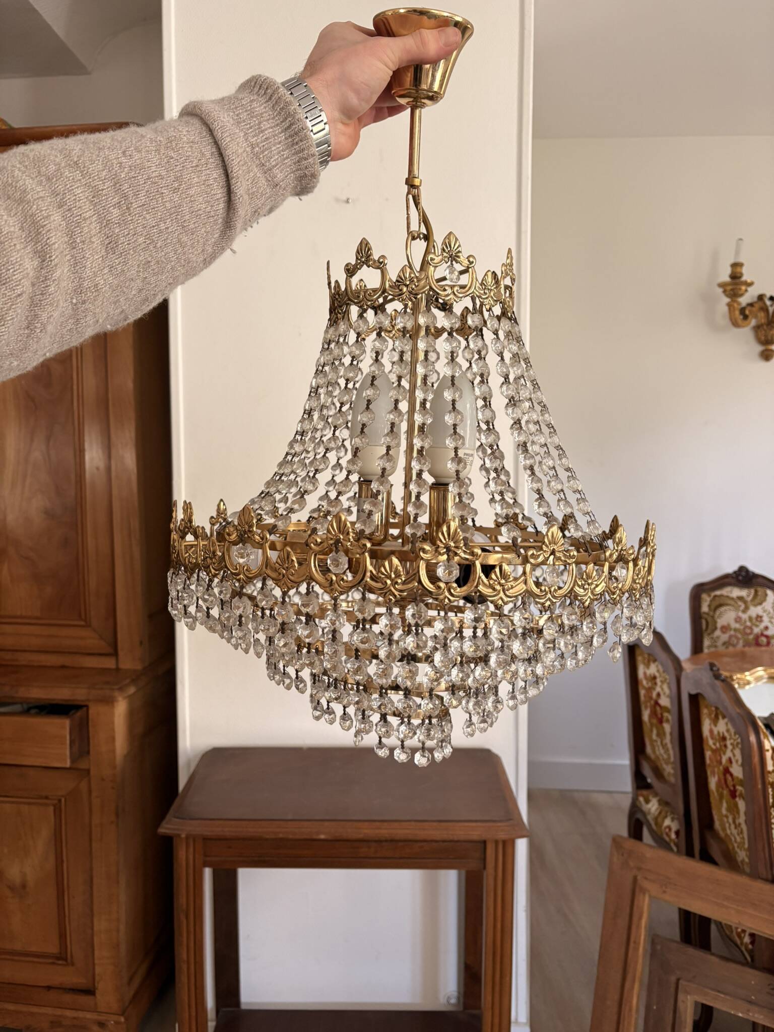 Antique Balloon Chandelier in Gilded Brass, Empire Style, 4 Lights