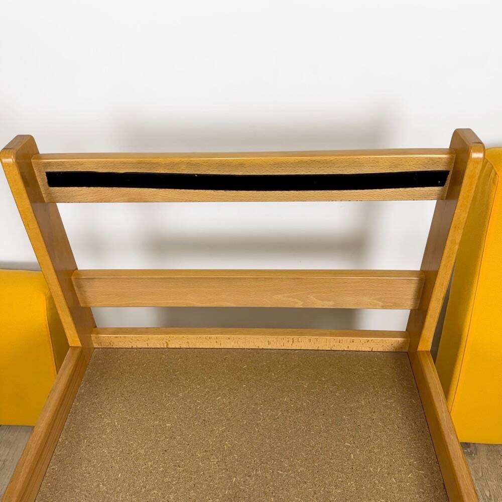 Pair of vintage Scandinavian armchairs in pine and fabric.