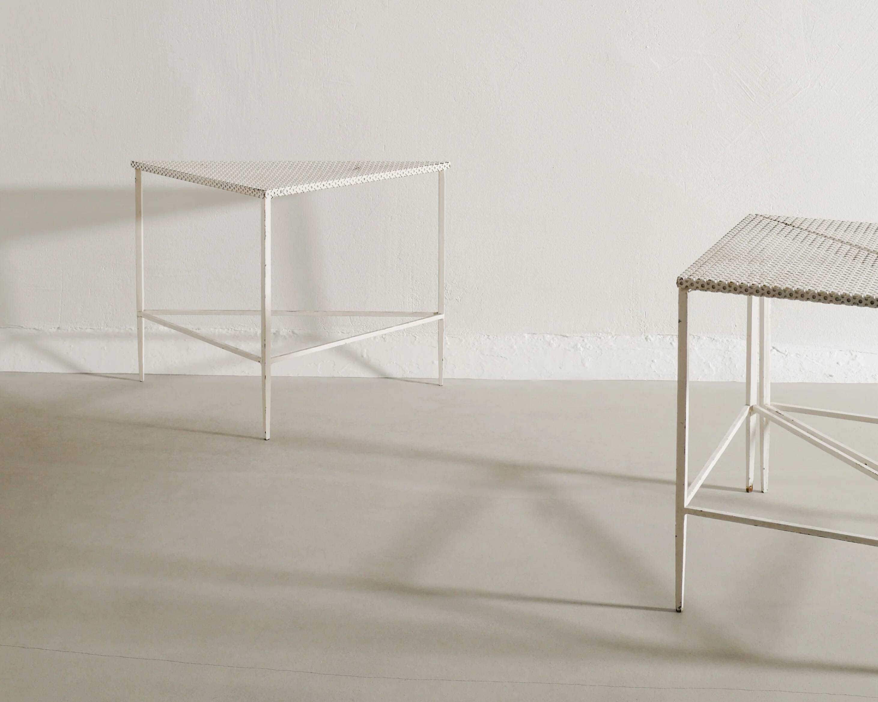 Set of Three French White Metal Side Tables by Mathieu Matégot, 1950s