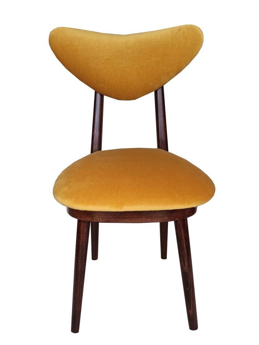 Yellow velvet heart-shaped chair, walnut wood, mid-century, Poland, 1960s.