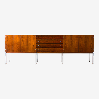 Long sideboard in rosewood and chrome, Belgium 1960s