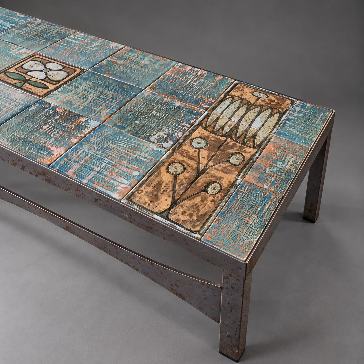 French coffee table in ceramic and steel, circa 1960.