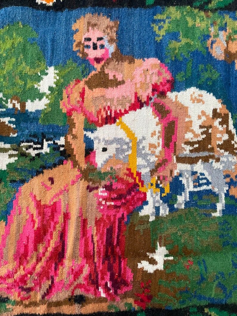 Large bohemian handwoven rug with amazing scenery and floral design, made in Romania 315x195cm