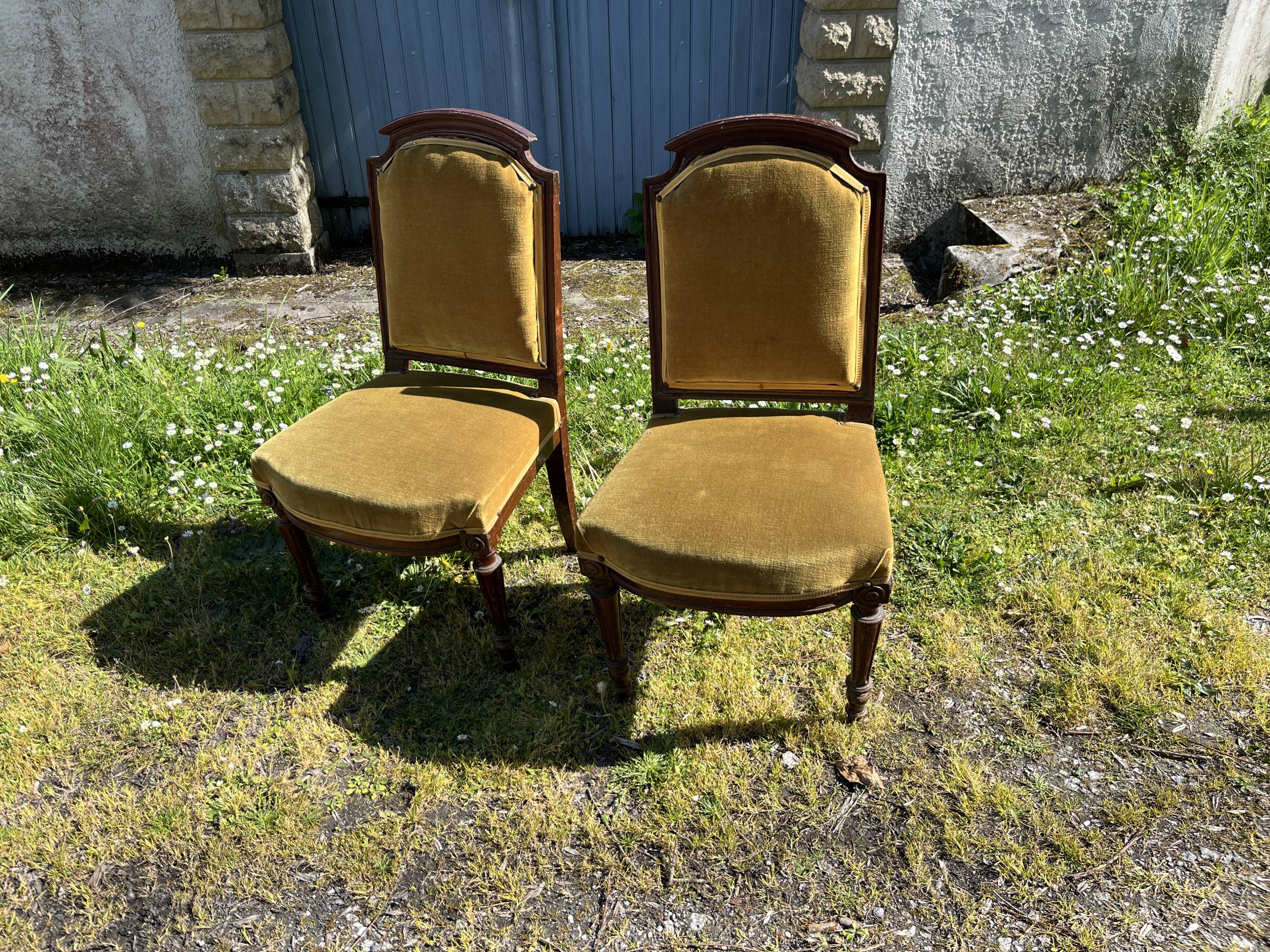 Pair of antique Louis XVI style chairs - carved wood - green velvet -