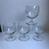 Set of 4 round crystal wine glasses engraved 50s
