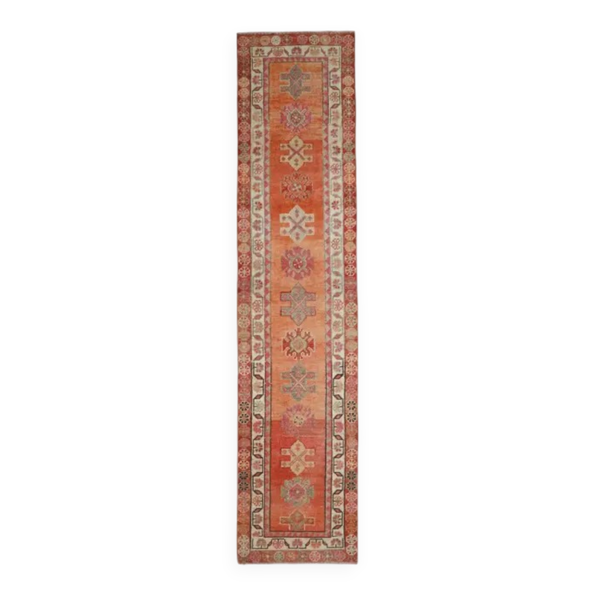 Vintage Turkish Oushak Handmade Wool Cotton Orange Runner Rug 80x372