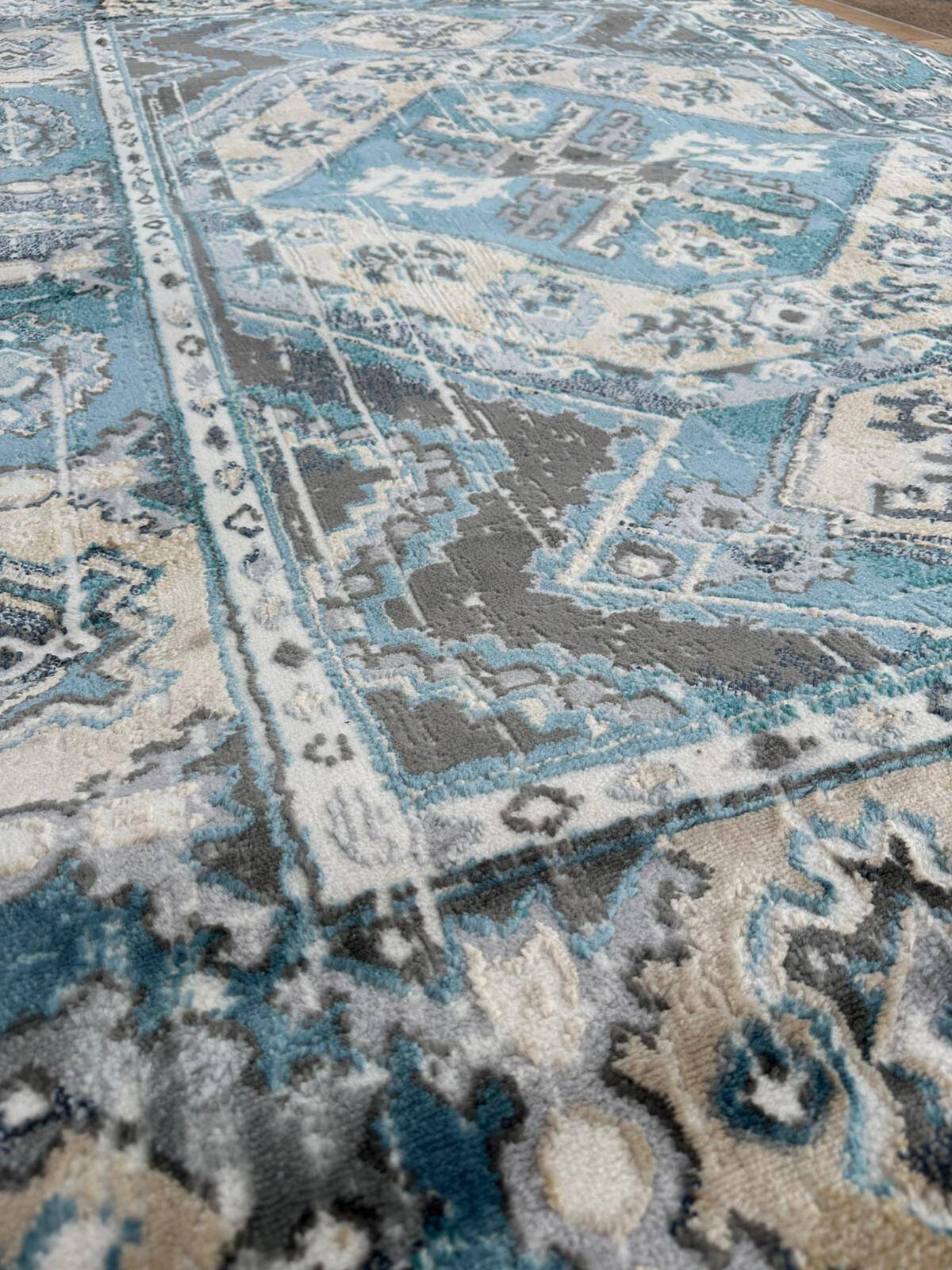 Bohemian Chic Rug in Petrol Blue and Beige with Abstract Patterns