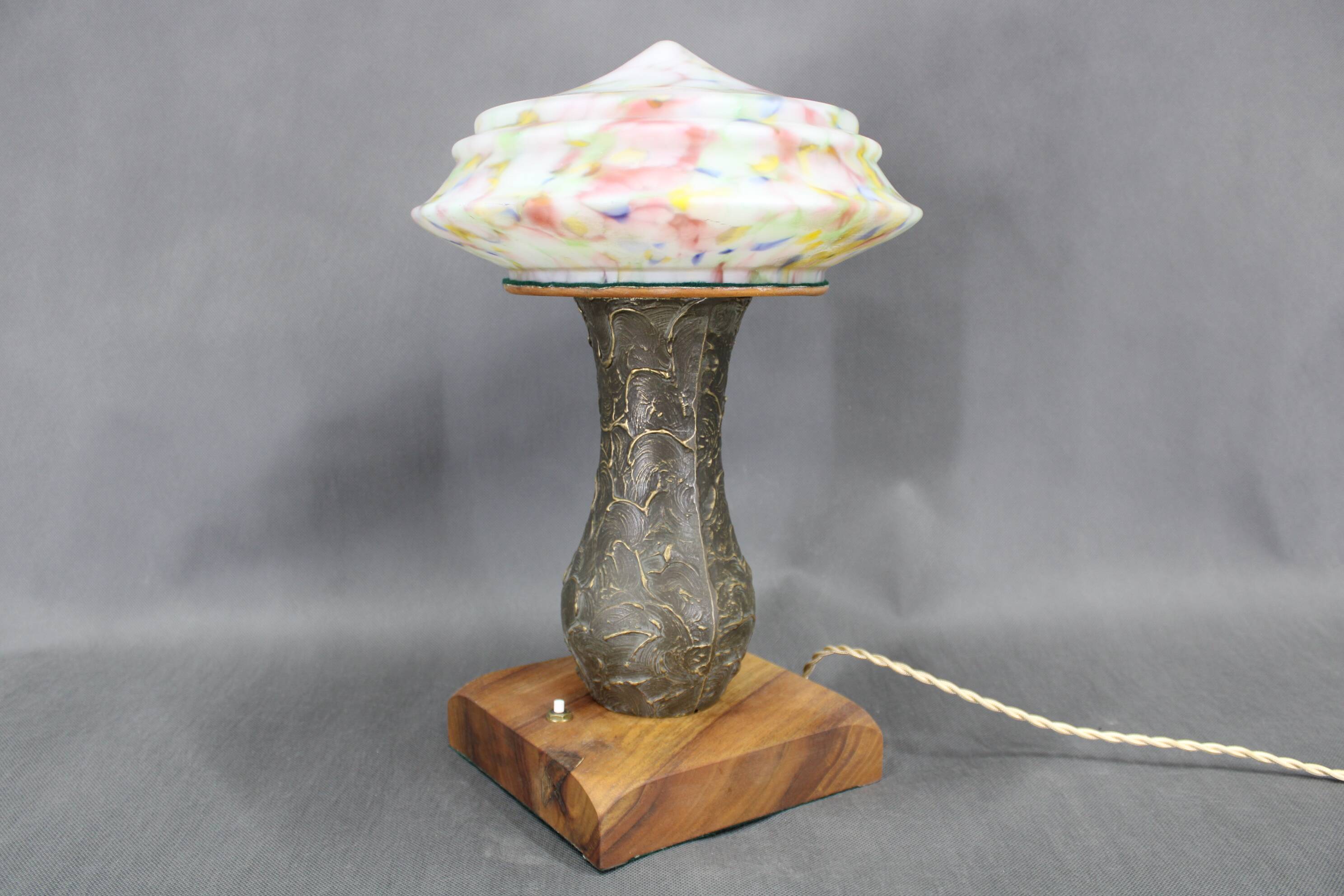 1940s restored brass table lamp with wooden base and glass shade