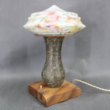 1940s restored brass table lamp with wooden base and glass shade