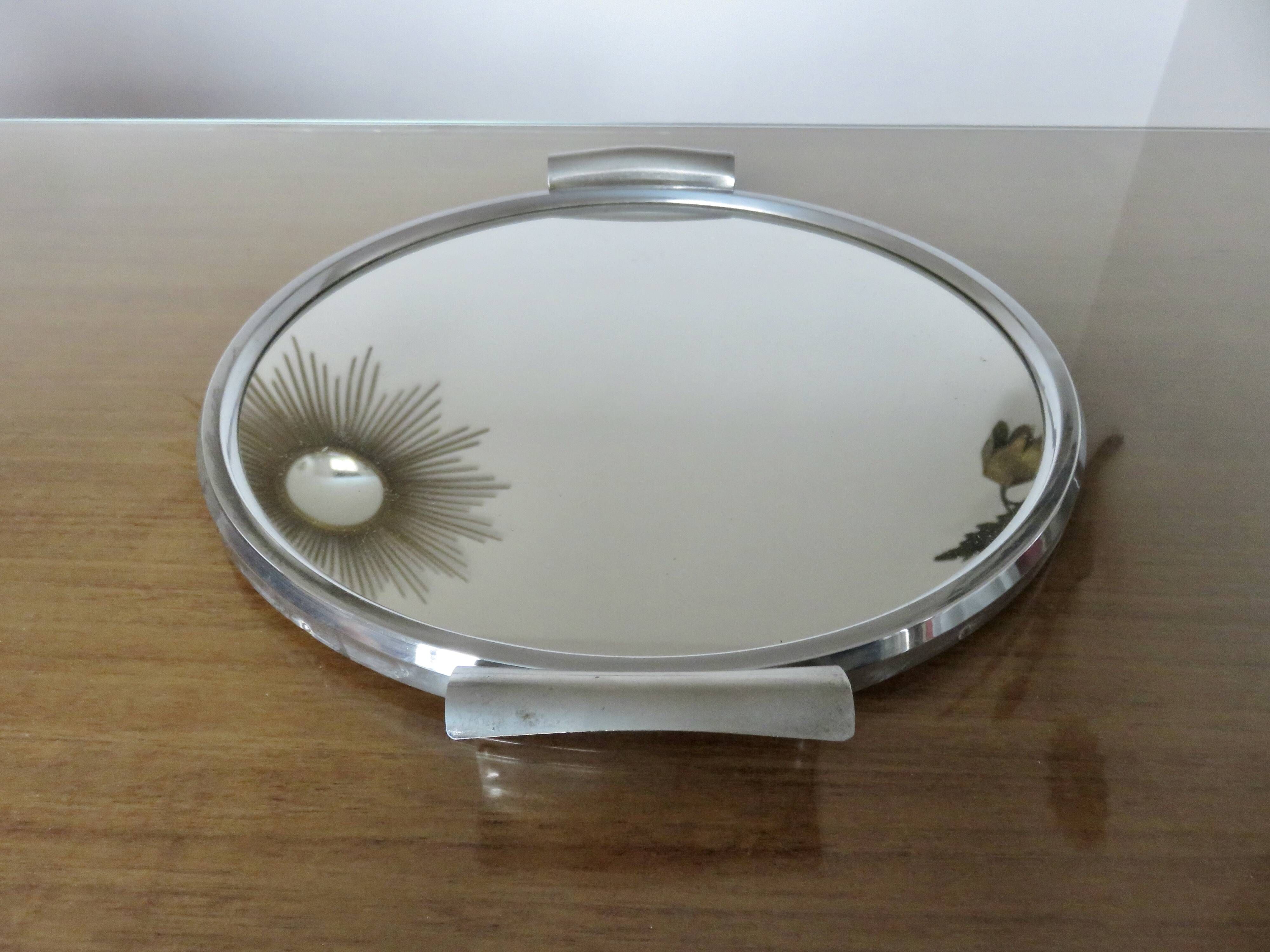 Round mirror tray in chrome-plated brass Art Deco 40s 50s
