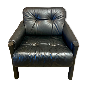 Black leather armchair Scandinavian design 1960