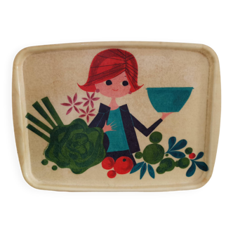 Tray "The housewife with vegetables" vintage 70s