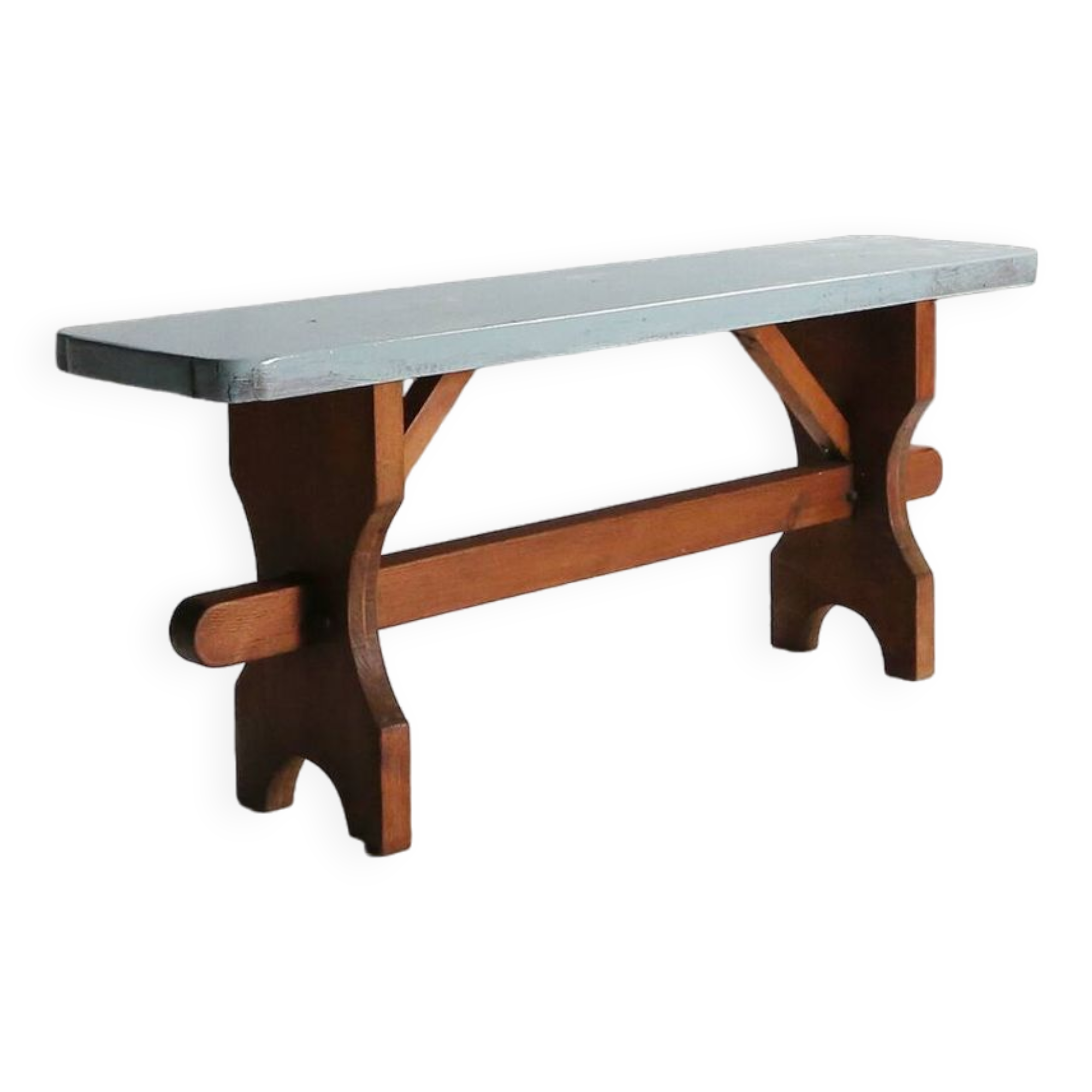 Banc rustique en bois avec plateau bleu, France 1930
