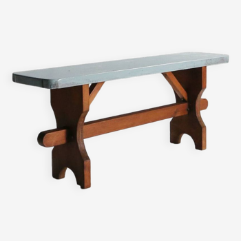 Banc rustique en bois avec plateau bleu, France 1930