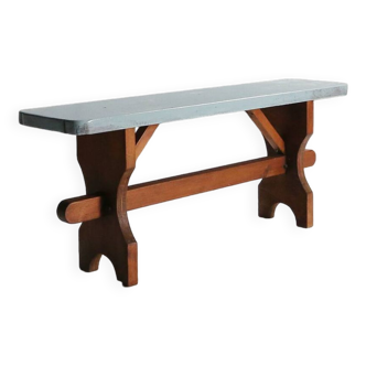 Rustic wooden bench with blue top, France 1930s