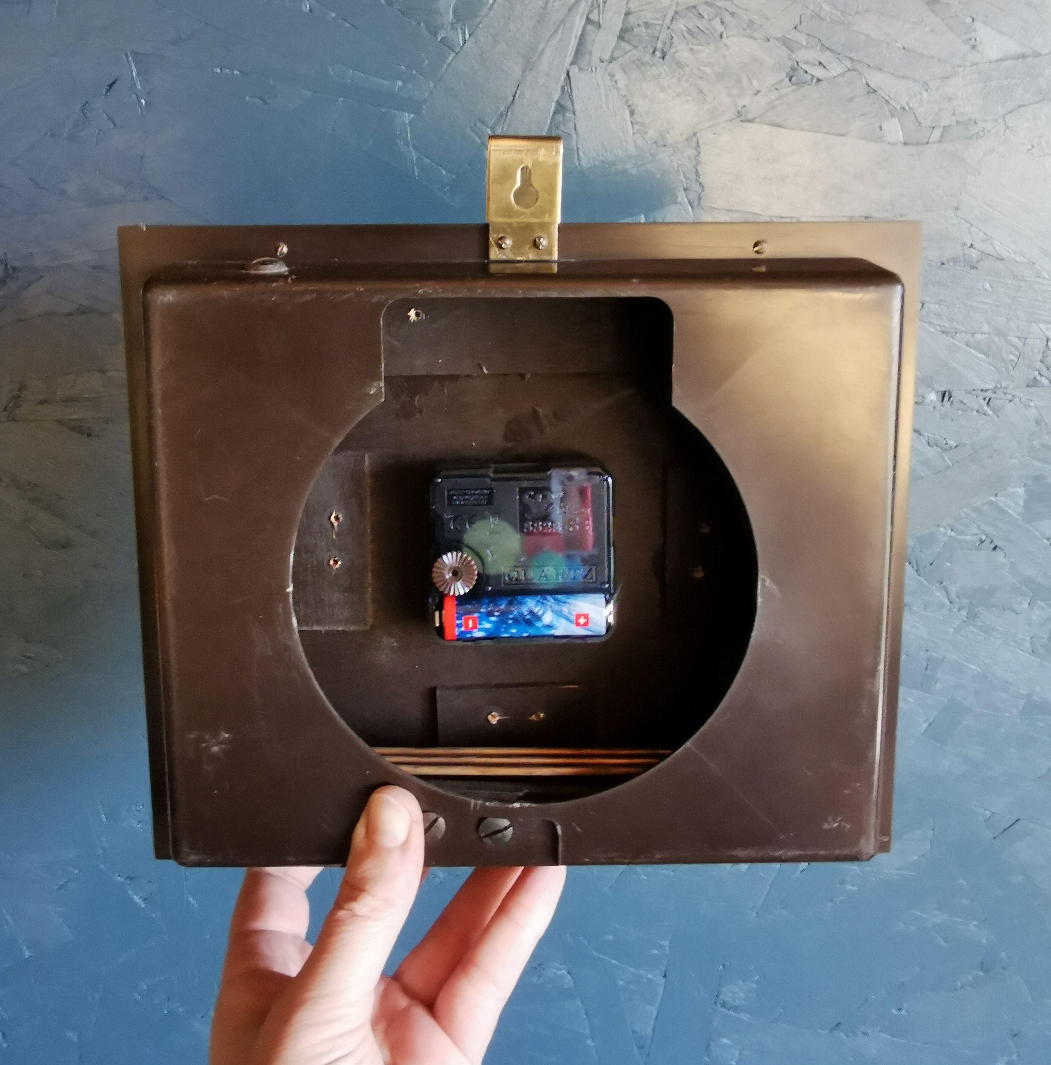 Vintage formica clock rectangular silent wall clock "Hermle gilded wood"