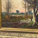 Painting Barbizon School animated path twilight wooden frame gilded stucco late 19th century