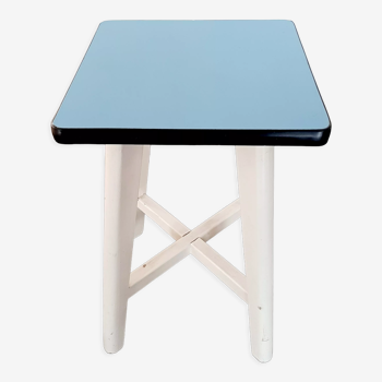 White wooden stool, blue formica seat