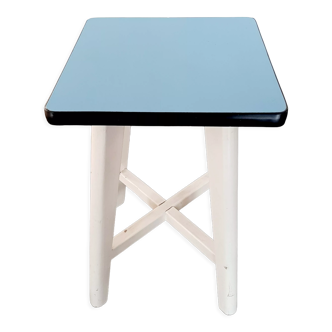 White wooden stool, blue formica seat