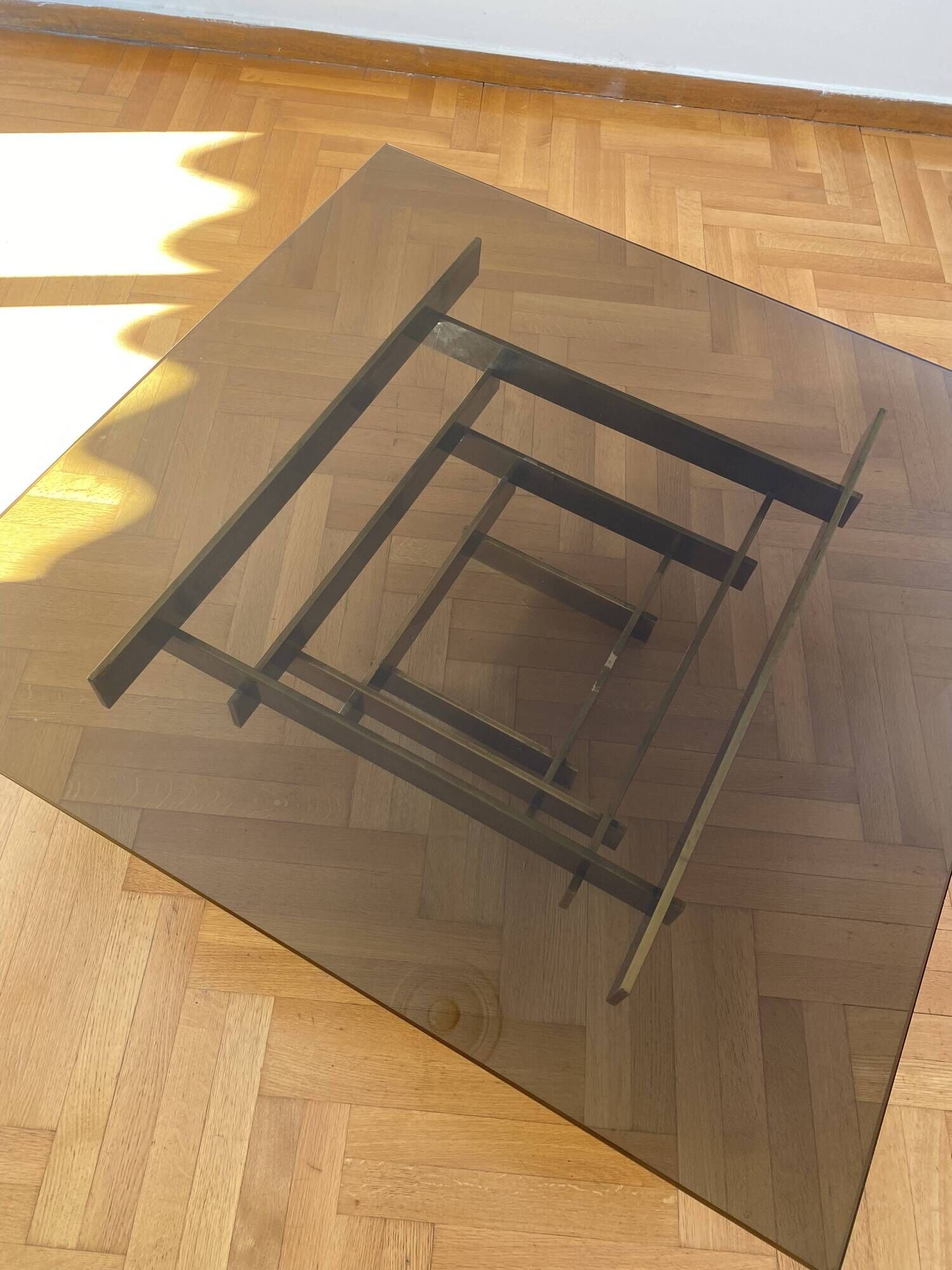 Vintage 1970s Square Coffee Table in Brass and Smoked Glass, David Hicks