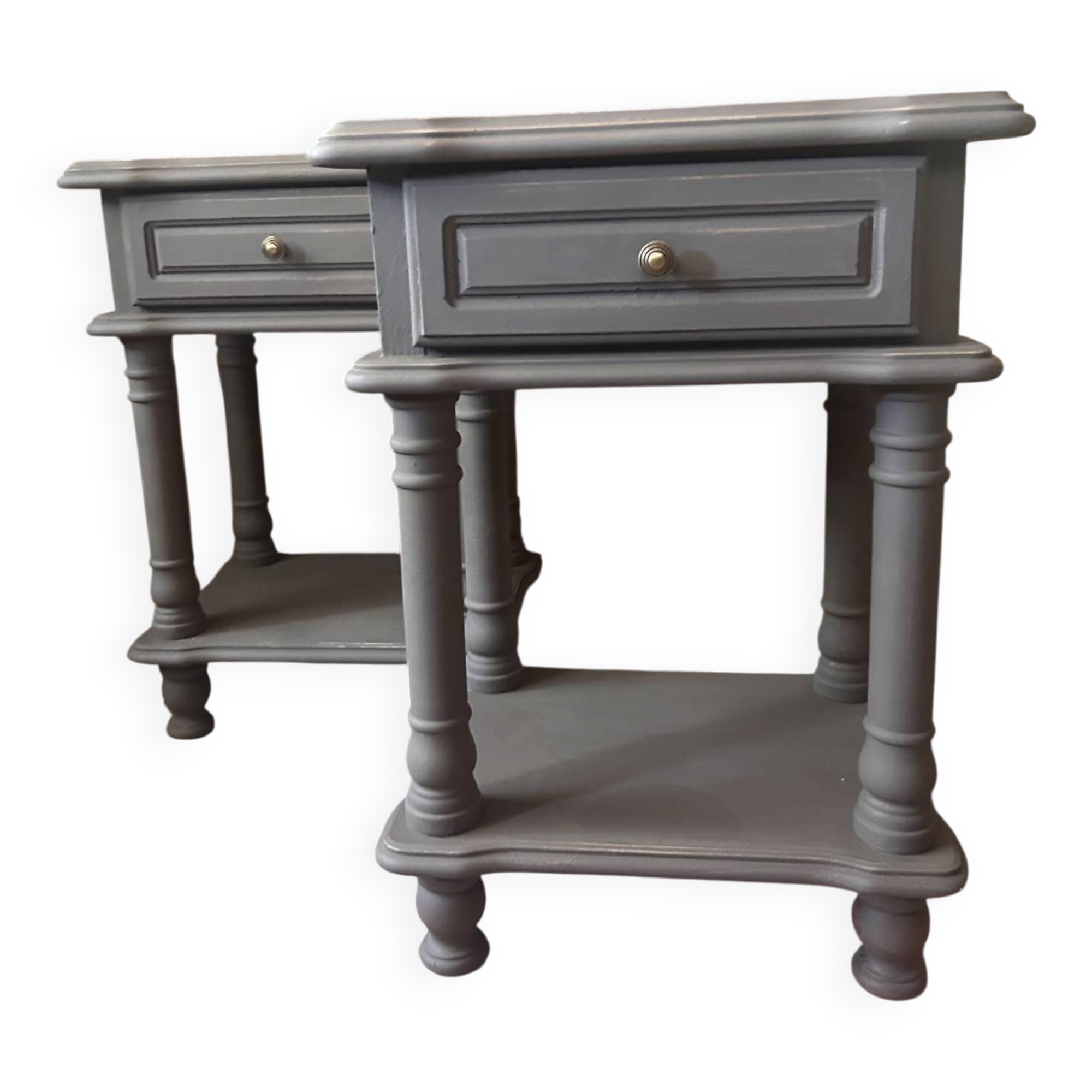 Pair of vintage bedside tables in fir, reimagined – waxed finish – both elegant.