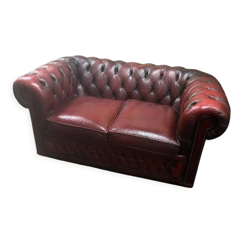 Chesterfield burgundy leather sofa 2 places | Selency